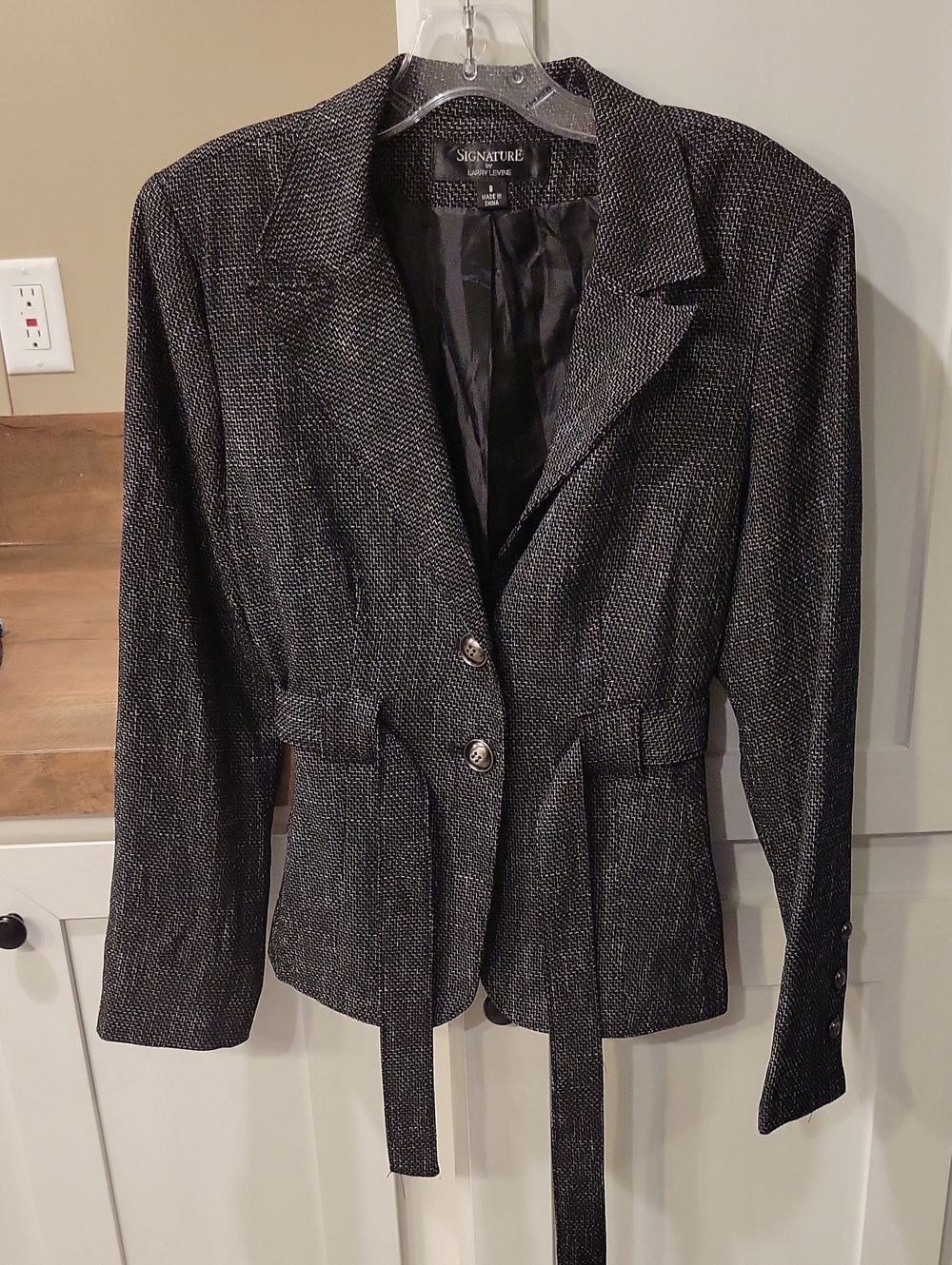 Signature Women's Black Tweed Belted Blazer Jacket